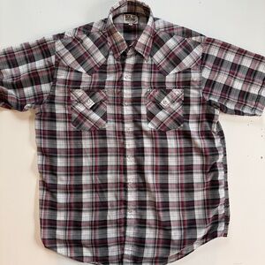 Vintage Ely Cattleman Distressed Black White Red Plaid Western Shirt Snap - L